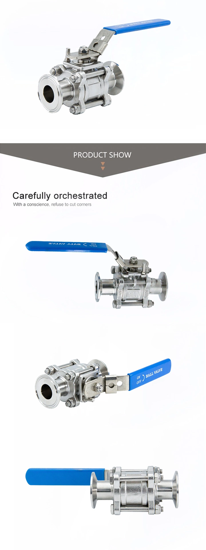 Sanitary SS304 SS316L Stainless Steel Encapsulated/Half-Pack Full Port 3PC Tri-Clamp Locking Handle Manual Ball Valve